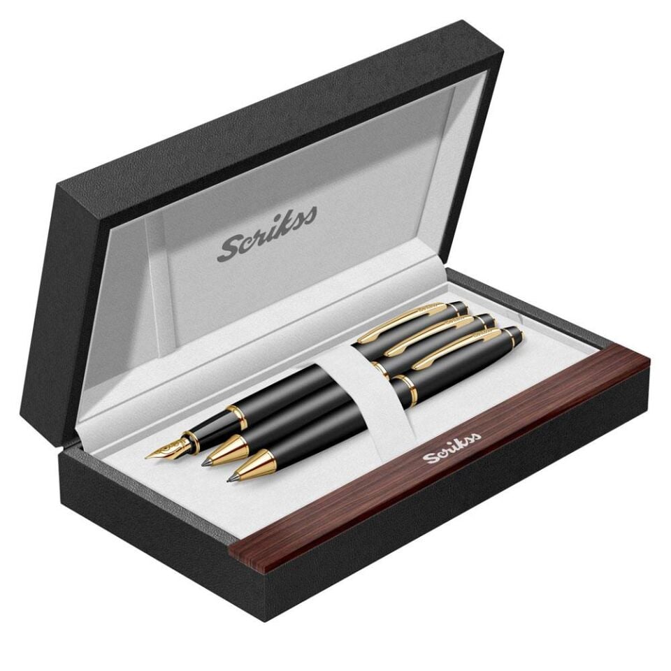 Scrikss 35 Dolmakalem - Tükenmez Kalem - Versatil 3 Lü Set Mat Siyah Altın
