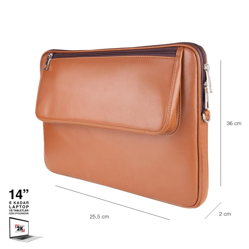 2k Suni Deri Laptop Çantası Tablet Çantası 14'' Vegan Omuz Ve Valiz Askılı Aksesuar Ve Evrak Cepli 25.5x36x2 Cm Taba