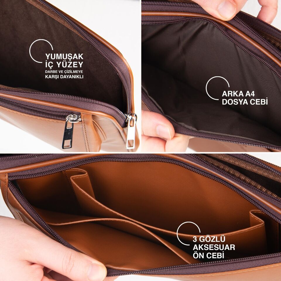 2k Suni Deri Laptop Çantası Tablet Çantası 14'' Vegan Omuz Ve Valiz Askılı Aksesuar Ve Evrak Cepli 25.5x36x2 Cm Taba