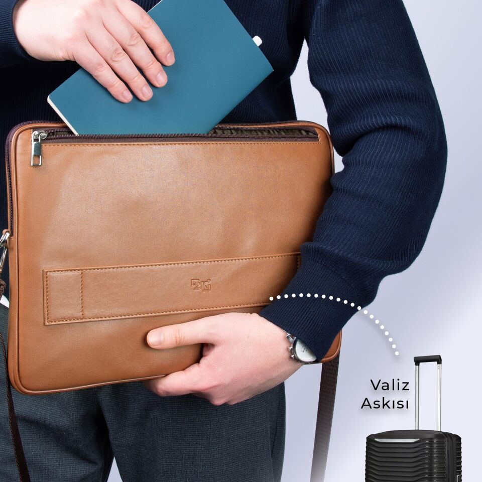 2k Suni Deri Laptop Çantası Tablet Çantası 14'' Vegan Omuz Ve Valiz Askılı Aksesuar Ve Evrak Cepli 25.5x36x2 Cm Taba