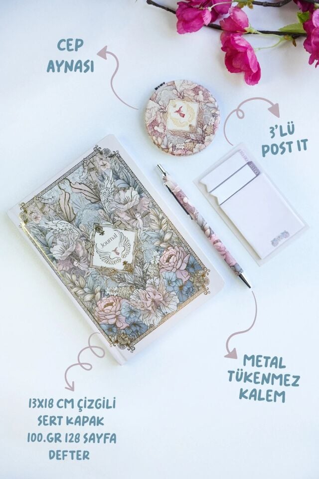 Victorias Journals Sert Kapak Defter 13x18 Cm 128 Sayfa Ayna Tükenmez Kalem Potit Set