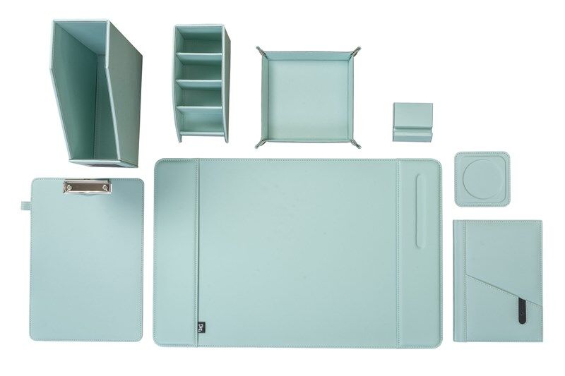 2K Sümen Takımı Masaüstü Suni Deri Hediyelik Set 8 Parça Su Yeşili