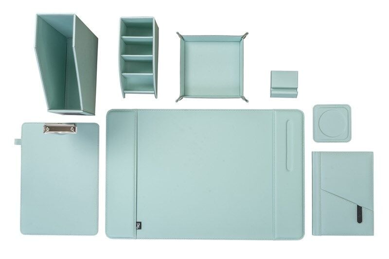 2K Sümen Takımı Masaüstü Suni Deri Hediyelik Set 8 Parça Su Yeşili