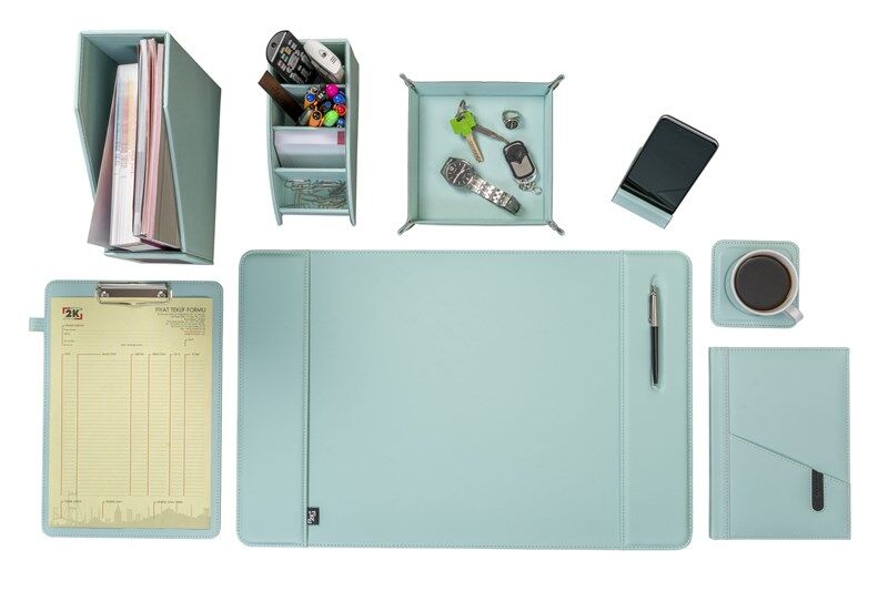 2K Sümen Takımı Masaüstü Suni Deri Hediyelik Set 8 Parça Su Yeşili