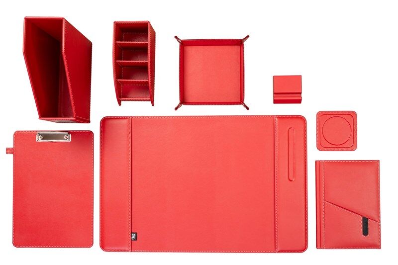 2K Sümen Takımı Masaüstü Suni Deri Hediyelik Set 8 Parça Kırmızı