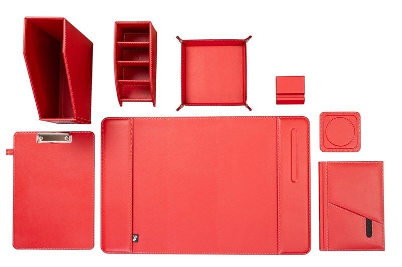 2K Sümen Takımı Masaüstü Suni Deri Hediyelik Set 8 Parça Kırmızı