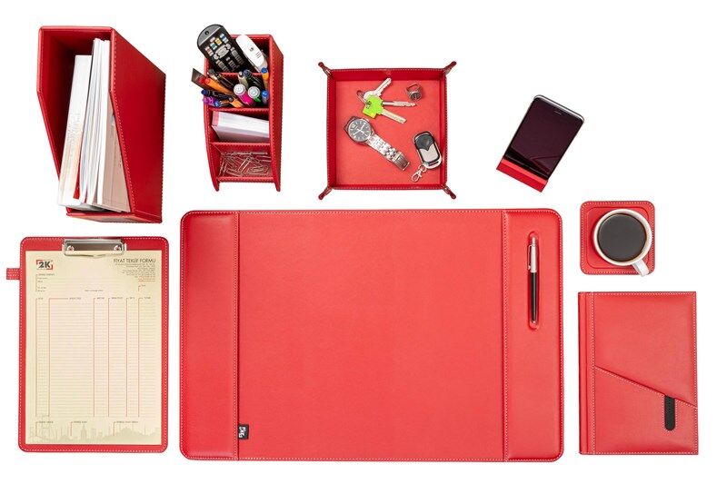 2K Sümen Takımı Masaüstü Suni Deri Hediyelik Set 8 Parça Kırmızı