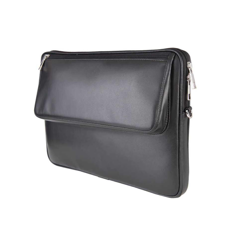 2k Suni Deri Laptop Çantası Tablet Çantası 13.3'' Vegan Omuz Ve Valiz Askılı Aksesuar Ve Evrak Cepli 24x34x2 Cm Siyah