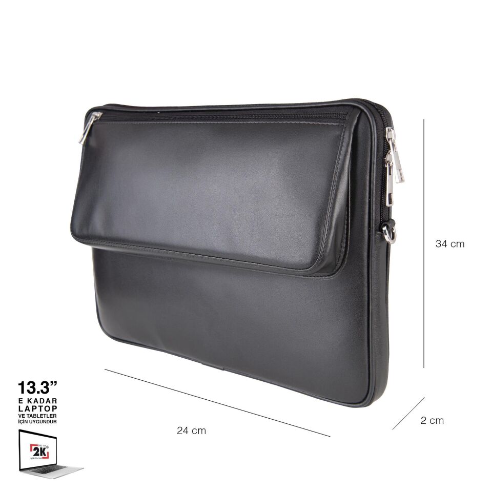 2k Suni Deri Laptop Çantası Tablet Çantası 13.3'' Vegan Omuz Ve Valiz Askılı Aksesuar Ve Evrak Cepli 24x34x2 Cm Siyah