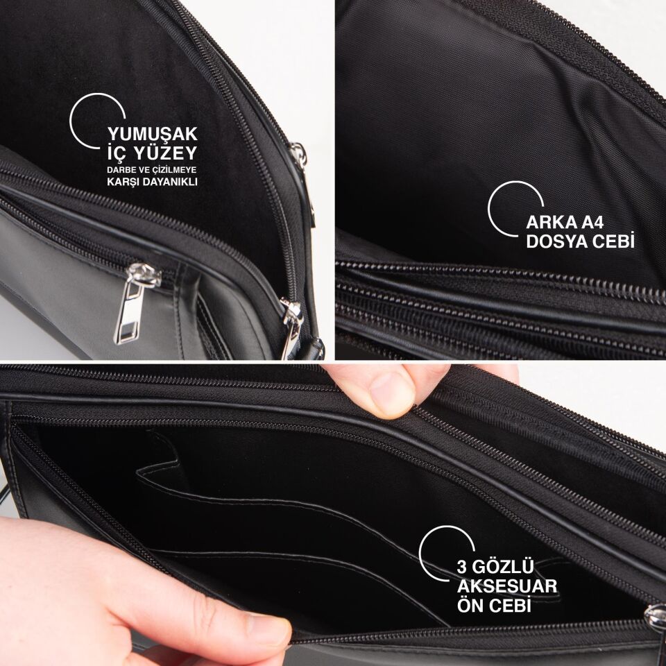 2k Suni Deri Laptop Çantası Tablet Çantası 13.3'' Vegan Omuz Ve Valiz Askılı Aksesuar Ve Evrak Cepli 24x34x2 Cm Siyah