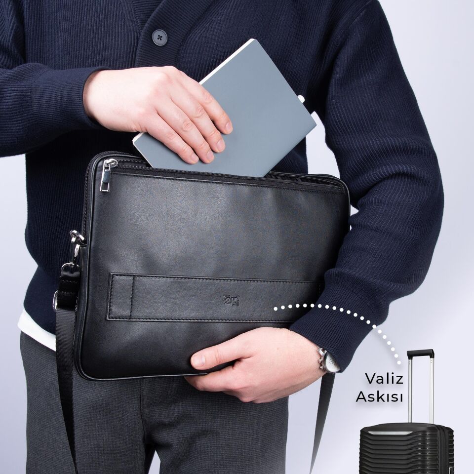 2k Suni Deri Laptop Çantası Tablet Çantası 13.3'' Vegan Omuz Ve Valiz Askılı Aksesuar Ve Evrak Cepli 24x34x2 Cm Siyah