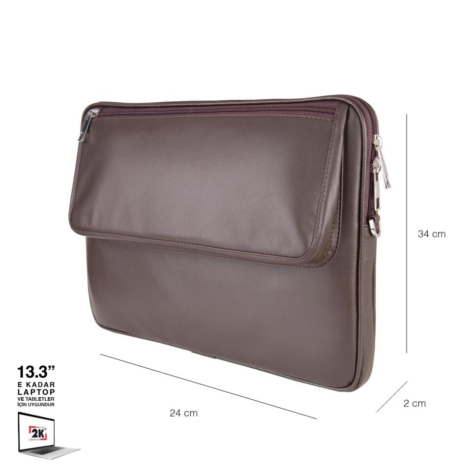 2k Suni Deri Laptop Çantası Tablet Çantası 13.3'' Vegan Omuz Ve Valiz Askılı Aksesuar Ve Evrak Cepli 24x34x2 Cm Kahverengi